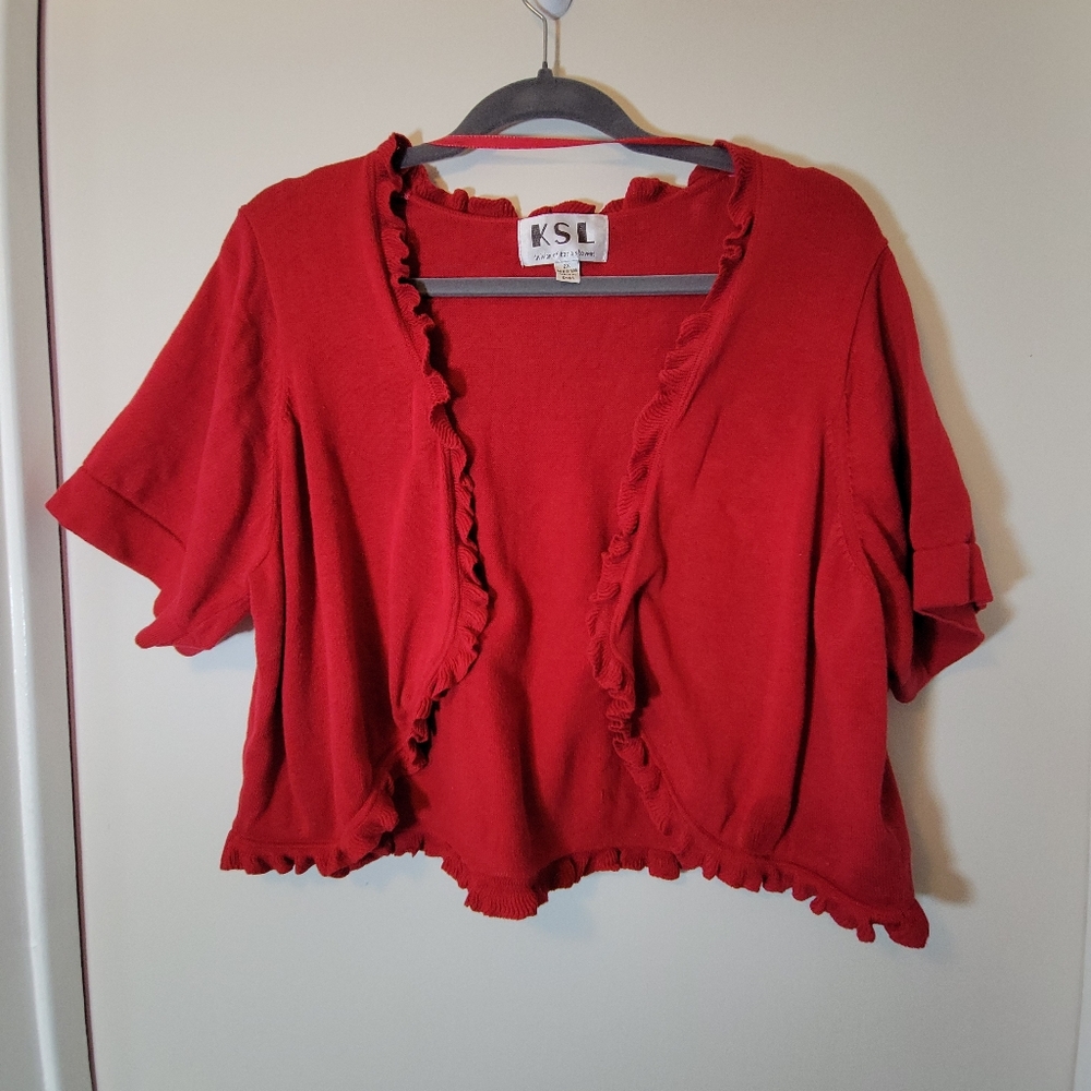 KSL 2XL RED CROPPED COTTON SHORT-SLEEVE SHRUG W/RUFFLE TRIM